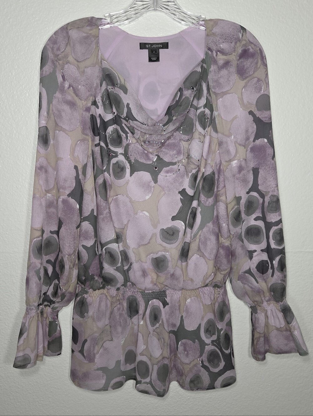St. John 100% Silk Purple & Gray Printed Long-Sleeve Blouse
